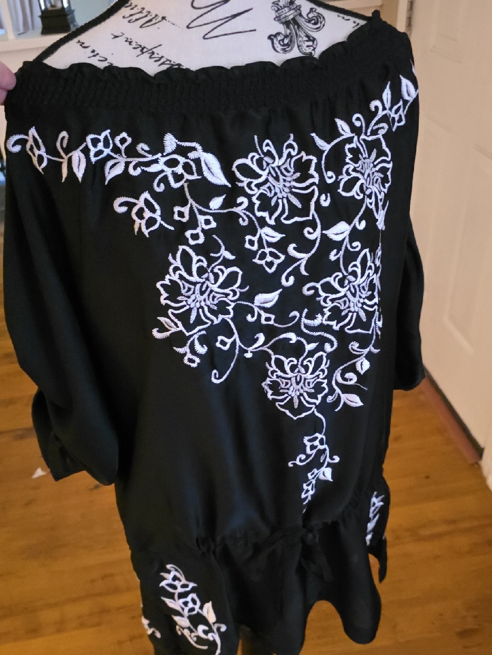 White House Black Market Black Blouse with White Floral Detail